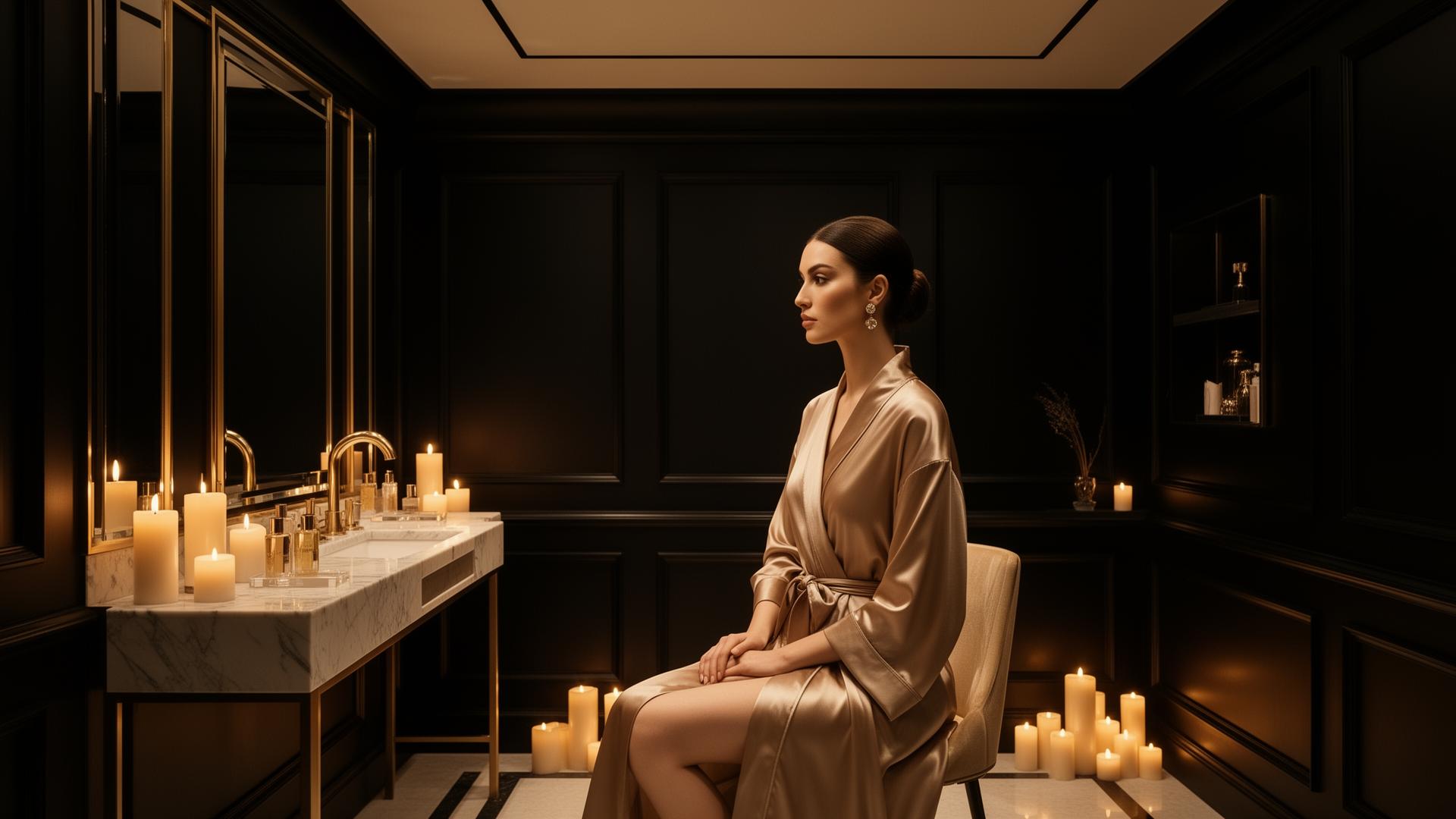 Cabina estética premium con iluminación cálida, detalles dorados y atmósfera spa de lujo